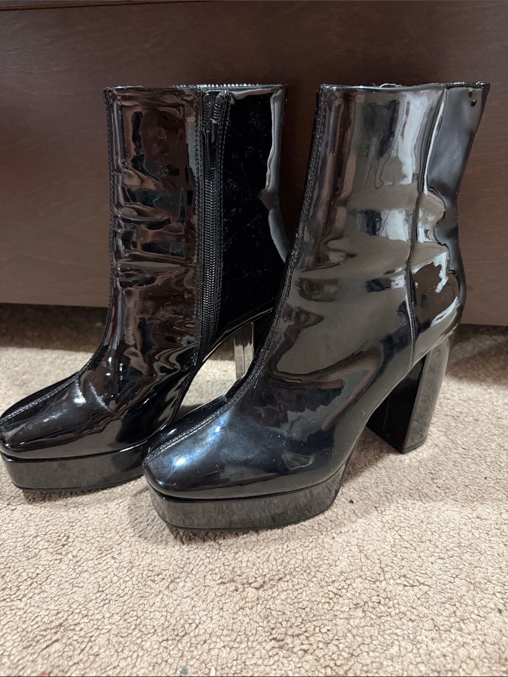 Madden Girl Black Patent Platform Ankle Boots with Chunky Heel